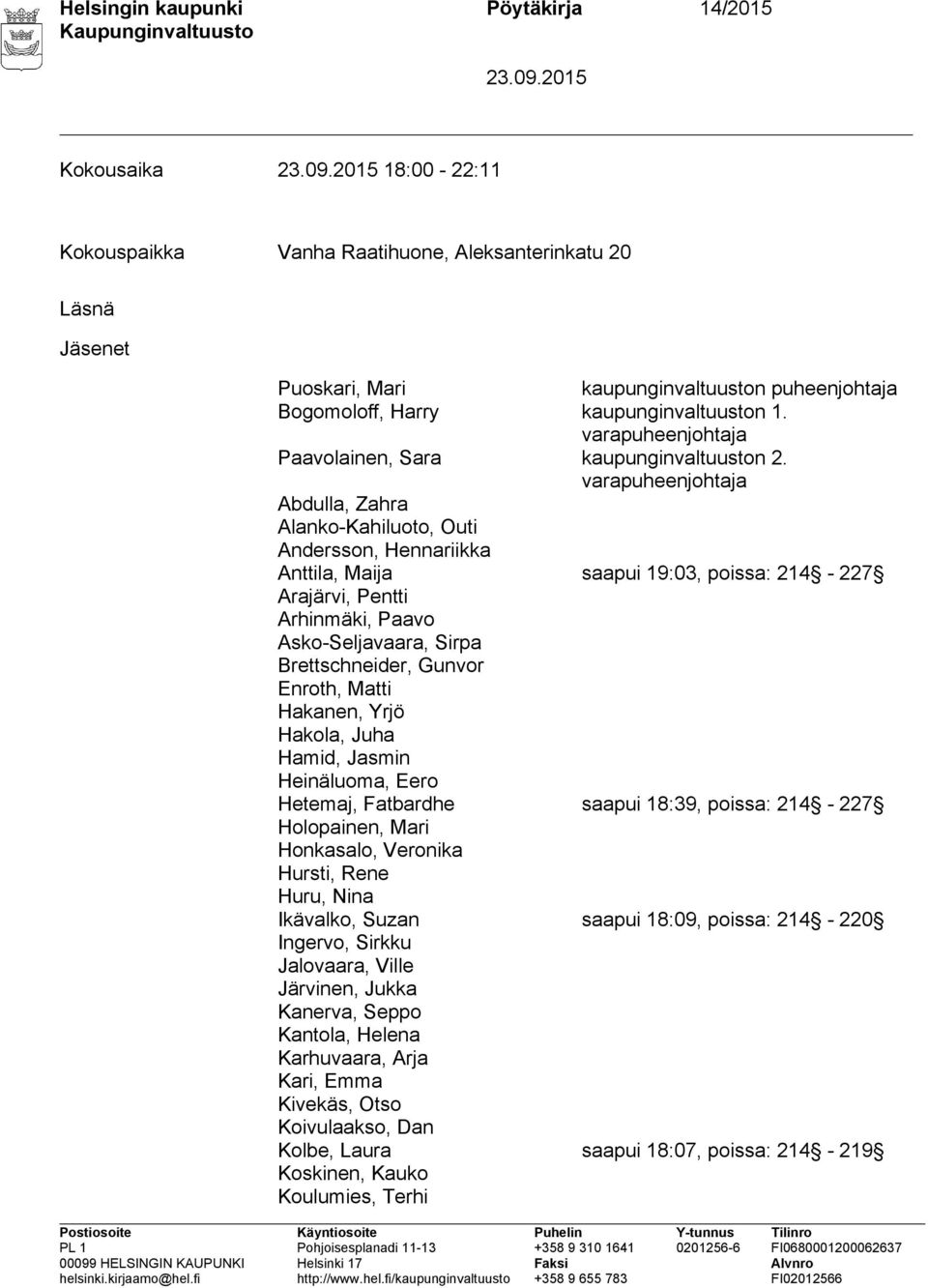 varapuheenjohtaja Abdulla, Zahra Alanko-Kahiluoto, Outi Andersson, Hennariikka Anttila, Maija saapui 19:03, poissa: 214-227 Arajärvi, Pentti Arhinmäki, Paavo Asko-Seljavaara, Sirpa Brettschneider,