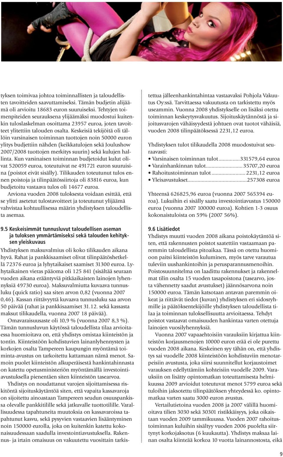 Keskeisiä tekijöitä oli tällöin varsinaisen toiminnan tuottojen noin 50000 euron ylitys budjettiin nähden (keikkatulojen sekä Joulushow 2007/2008 tuottojen merkitys suurin) sekä kulujen hallinta.