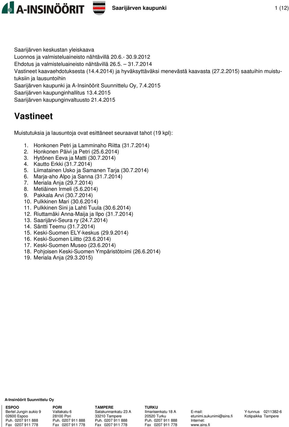 Honkonen Petri ja Lamminaho Riitta (31.7.2014) 2. Honkonen Päivi ja Petri (25.6.2014) 3. Hytönen Eeva ja Matti (30.7.2014) 4. Kautto Erkki (31.7.2014) 5. Liimatainen Usko ja Samanen Tarja (30.7.2014) 6.