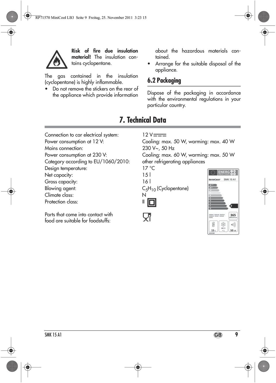 Arrange for the suitable disposal of the appliance. 6.2 Packaging Dispose of the packaging in accordance with the environmental regulations in your particular country. 7.