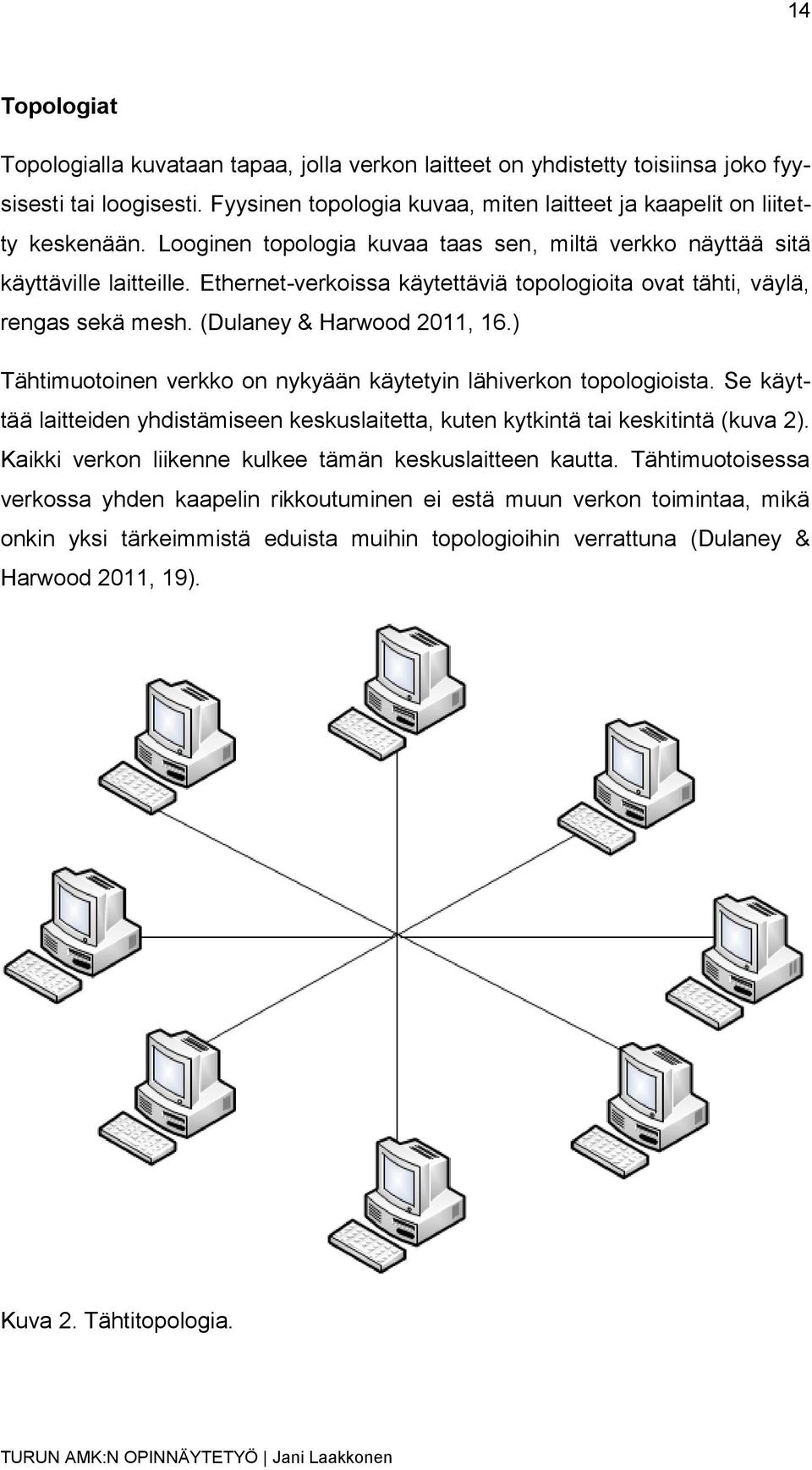 ) Tähtimuotoinen verkko on nykyään käytetyin lähiverkon topologioista. Se käyttää laitteiden yhdistämiseen keskuslaitetta, kuten kytkintä tai keskitintä (kuva 2).