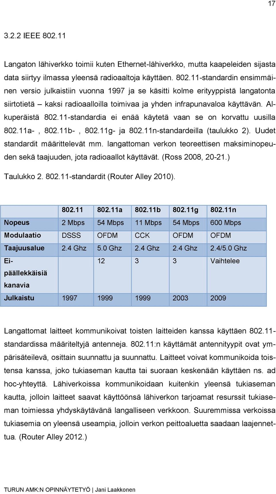 langattoman verkon teoreettisen maksiminopeuden sekä taajuuden, jota radioaallot käyttävät. (Ross 2008, 20-21.) Taulukko 2. 802.11-standardit (Router Alley 2010). 802.11 802.11a 802.11b 802.11g 802.