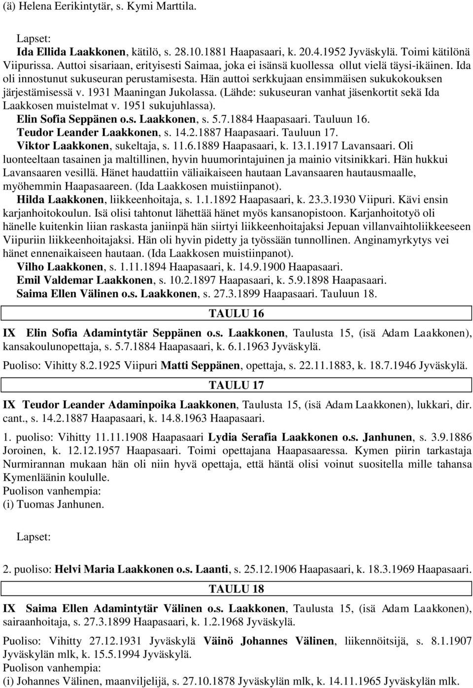 Hän auttoi serkkujaan ensimmäisen sukukokouksen järjestämisessä v. 1931 Maaningan Jukolassa. (Lähde: sukuseuran vanhat jäsenkortit sekä Ida Laakkosen muistelmat v. 1951 sukujuhlassa).