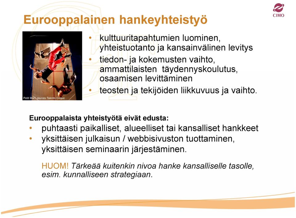 Eurooppalaista yhteistyötä eivät edusta: puhtaasti paikalliset, alueelliset tai kansalliset hankkeet yksittäisen julkaisun /