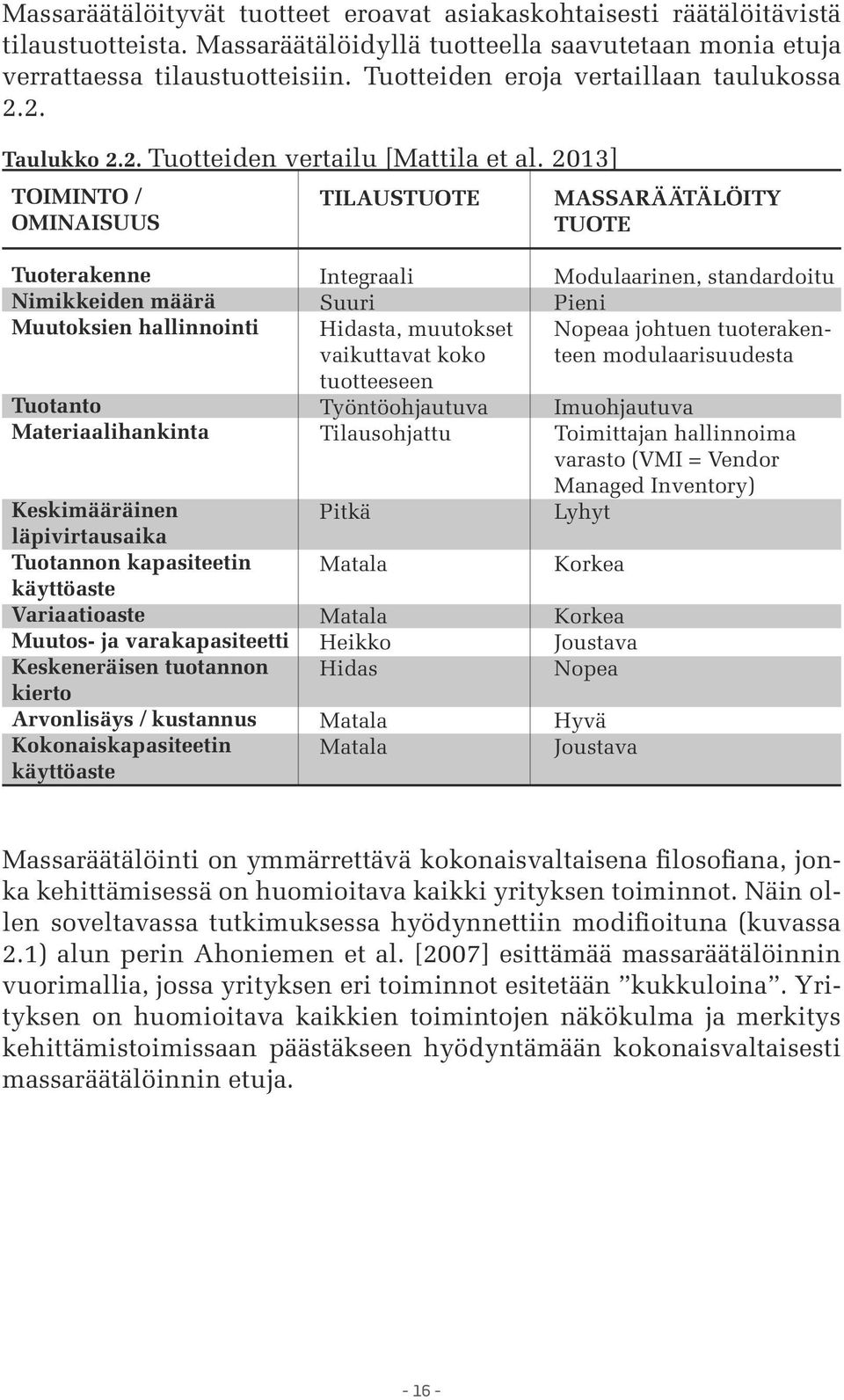 2013] TOIMINTO / OMINAISUUS TILAUSTUOTE MASSARÄÄTÄLÖITY TUOTE Tuoterakenne Nimikkeiden määrä Muutoksien hallinnointi Tuotanto Materiaalihankinta Keskimääräinen läpivirtausaika Tuotannon kapasiteetin