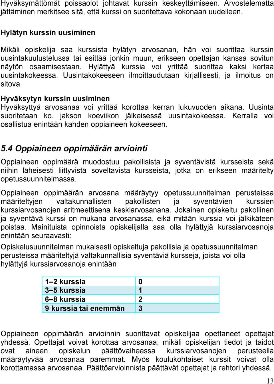 osaamisestaan. Hylättyä kurssia voi yrittää suorittaa kaksi kertaa uusintakokeessa. Uusintakokeeseen ilmoittaudutaan kirjallisesti, ja ilmoitus on sitova.