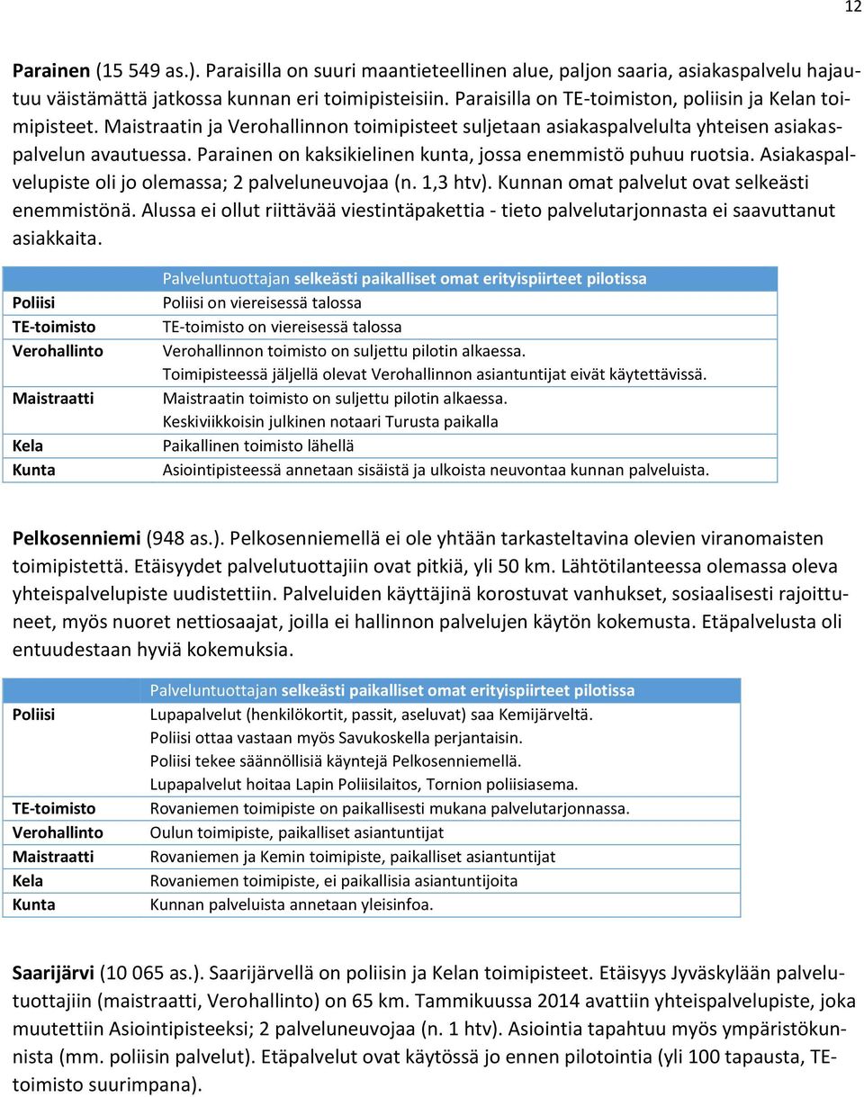 Parainen on kaksikielinen kunta, jossa enemmistö puhuu ruotsia. Asiakaspalvelupiste oli jo olemassa; 2 palveluneuvojaa (n. 1,3 htv). Kunnan omat palvelut ovat selkeästi enemmistönä.