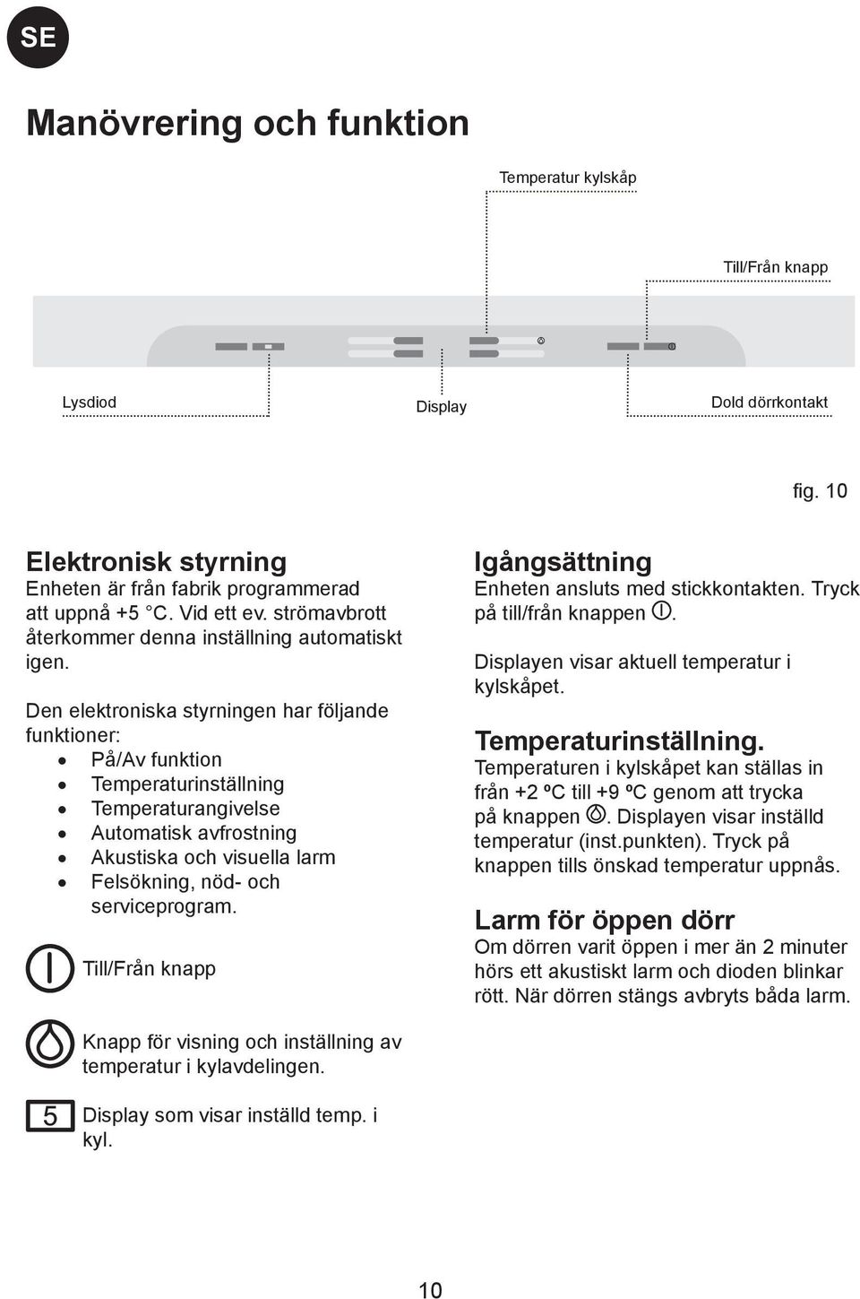 Den elektroniska styrningen har följande funktioner: På/Av funktion Temperaturinställning Temperaturangivelse Automatisk avfrostning Akustiska och visuella larm Felsökning, nöd- och serviceprogram.