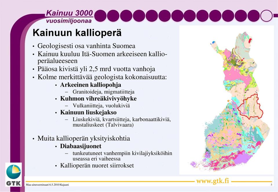 vihreäkivivyöhyke Vulkaniitteja, vuolukiviä Kainuun liuskejakso Liuskekiviä, kvartsiitteja, karbonaattikiviä, mustaliuskeet