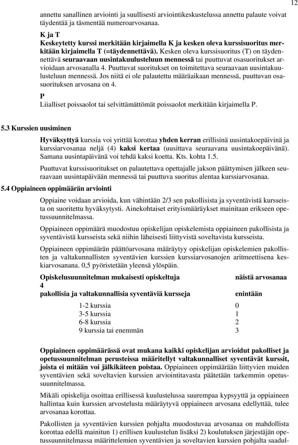 Kesken oleva kurssisuoritus (T) on täydennettävä seuraavaan uusintakuulusteluun mennessä tai puuttuvat osasuoritukset arvioidaan arvosanalla 4.