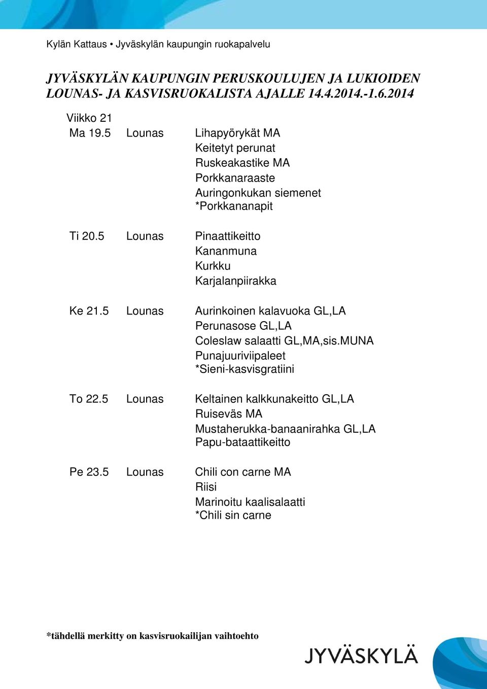 5 Lounas Aurinkoinen kalavuoka GL,LA Coleslaw salaatti GL,MA,sis.