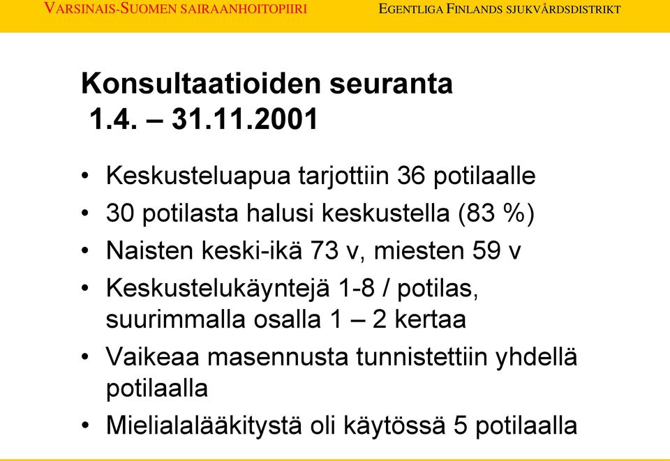 (83 %) Naisten keski-ikä 73 v, miesten 59 v Keskustelukäyntejä 1-8 / potilas,