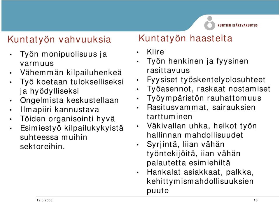 Kuntatyön haasteita Kiire Työn henkinen ja fyysinen rasittavuus Fyysiset työskentelyolosuhteet Työasennot, raskaat nostamiset Työympäristön rauhattomuus