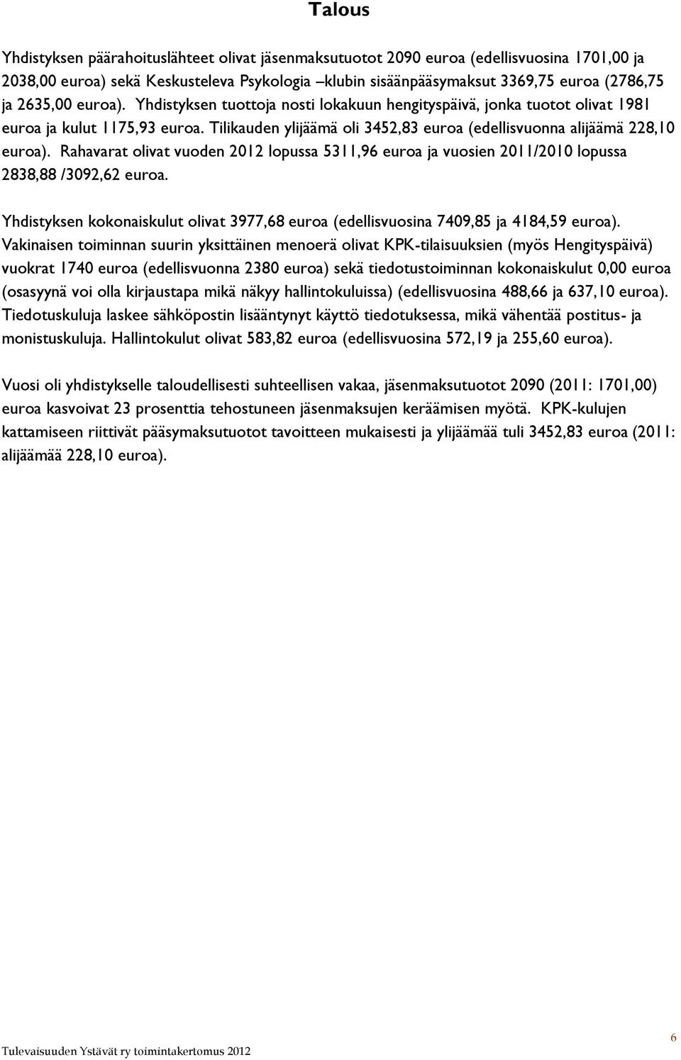 Rahavarat olivat vuoden 2012 lopussa 5311,96 euroa ja vuosien 2011/2010 lopussa 2838,88 /3092,62 euroa. Yhdistyksen kokonaiskulut olivat 3977,68 euroa (edellisvuosina 7409,85 ja 4184,59 euroa).