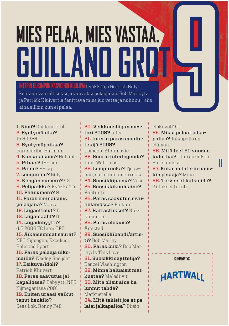 Kansalaisuus? Hollanti 5. Pituus? 186 cm 6. Paino? 82 kg 7. Lempinimi? Gilly 8. Kengän numero? 43 9. Pelipaikka? Hyökkääjä 10. Pelinumero? 9 11. Paras ominaisuus pelaajana? Vahva 12. Liigaottelut?