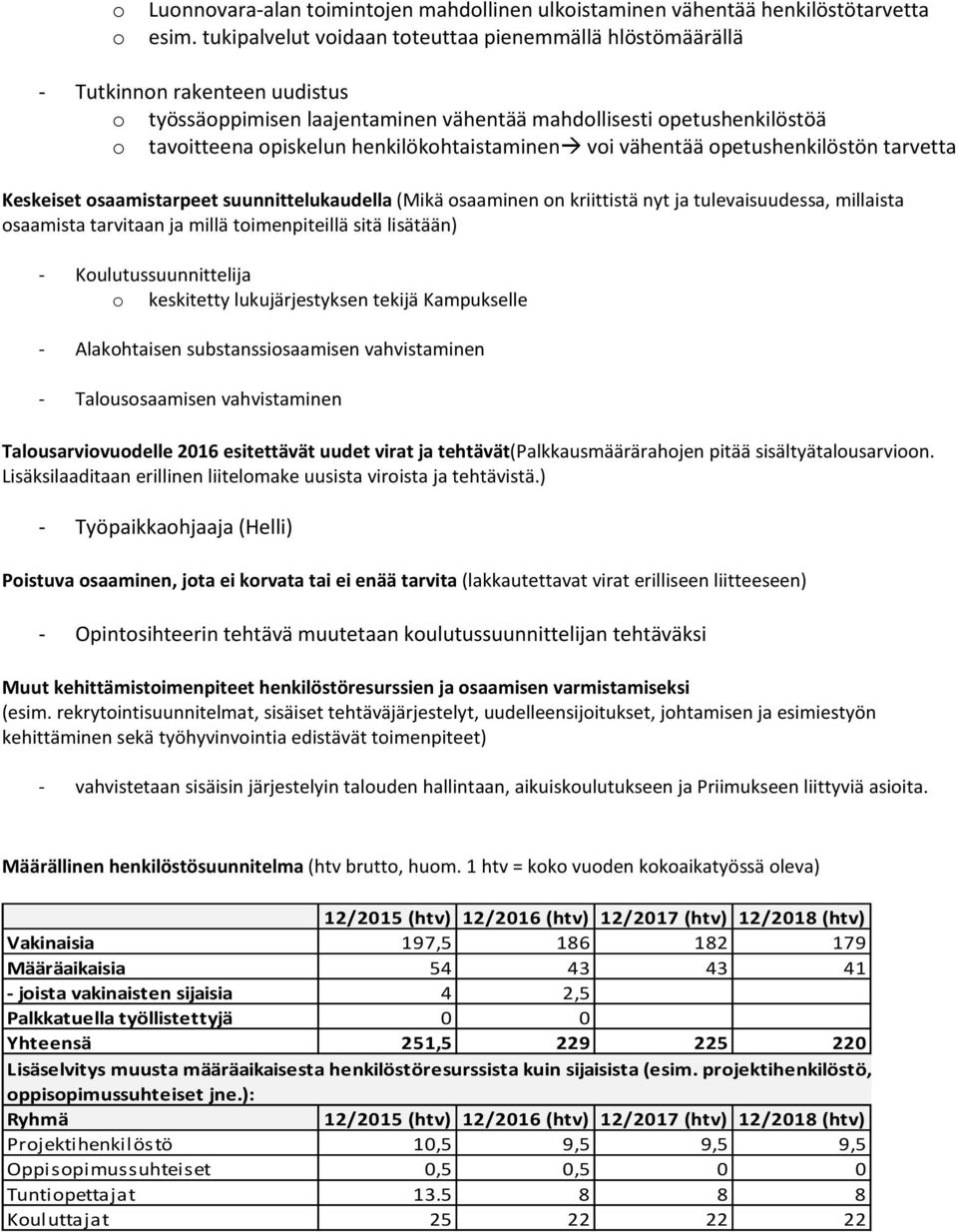 henkilökohtaistaminen voi vähentää opetushenkilöstön tarvetta Keskeiset osaamistarpeet suunnittelukaudella (Mikä osaaminen on kriittistä nyt ja tulevaisuudessa, millaista osaamista tarvitaan ja millä