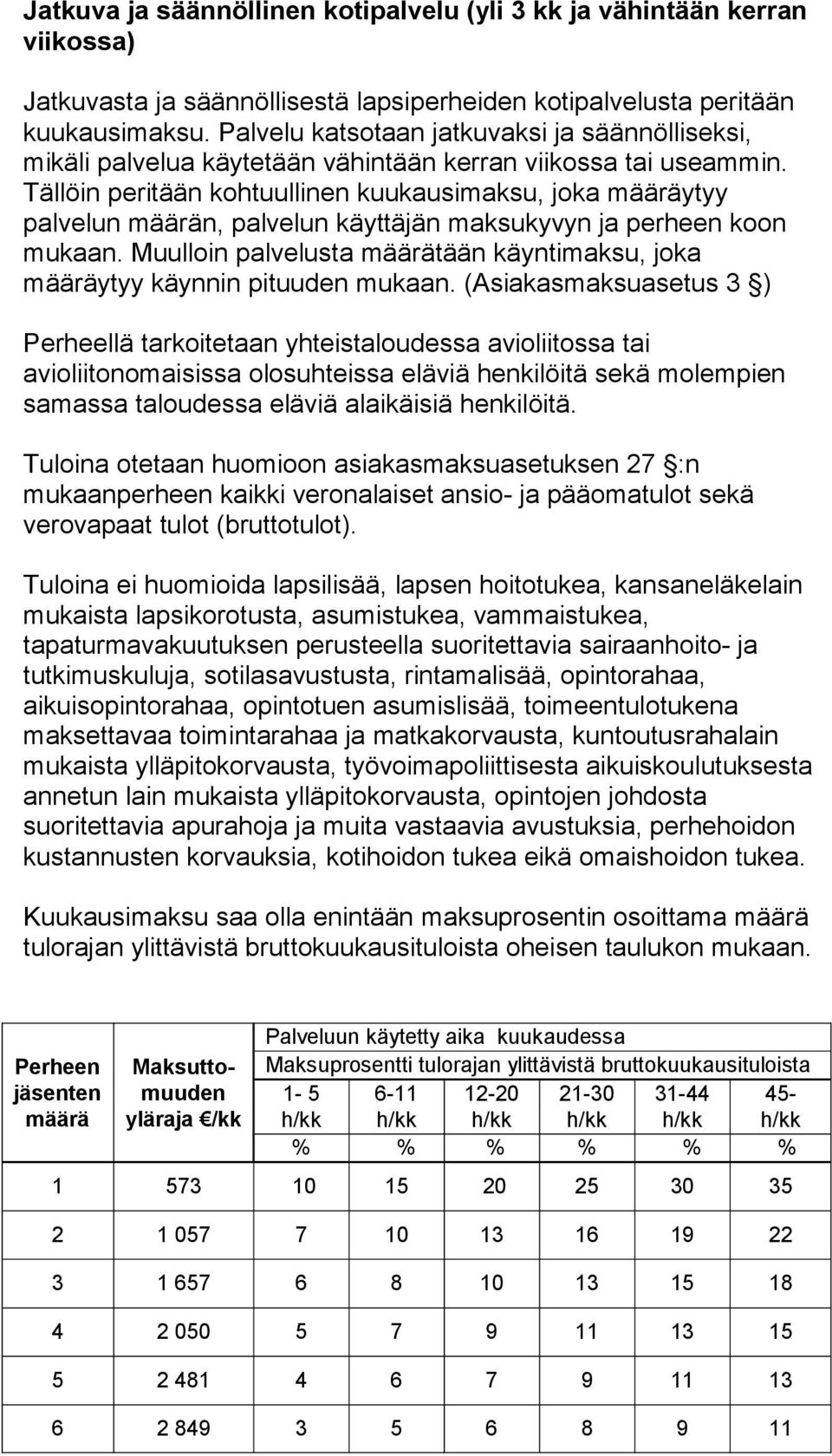 Tällöin peritään kohtuullinen kuukausimaksu, joka määräytyy palvelun määrän, palvelun käyttäjän maksukyvyn ja perheen koon mukaan.