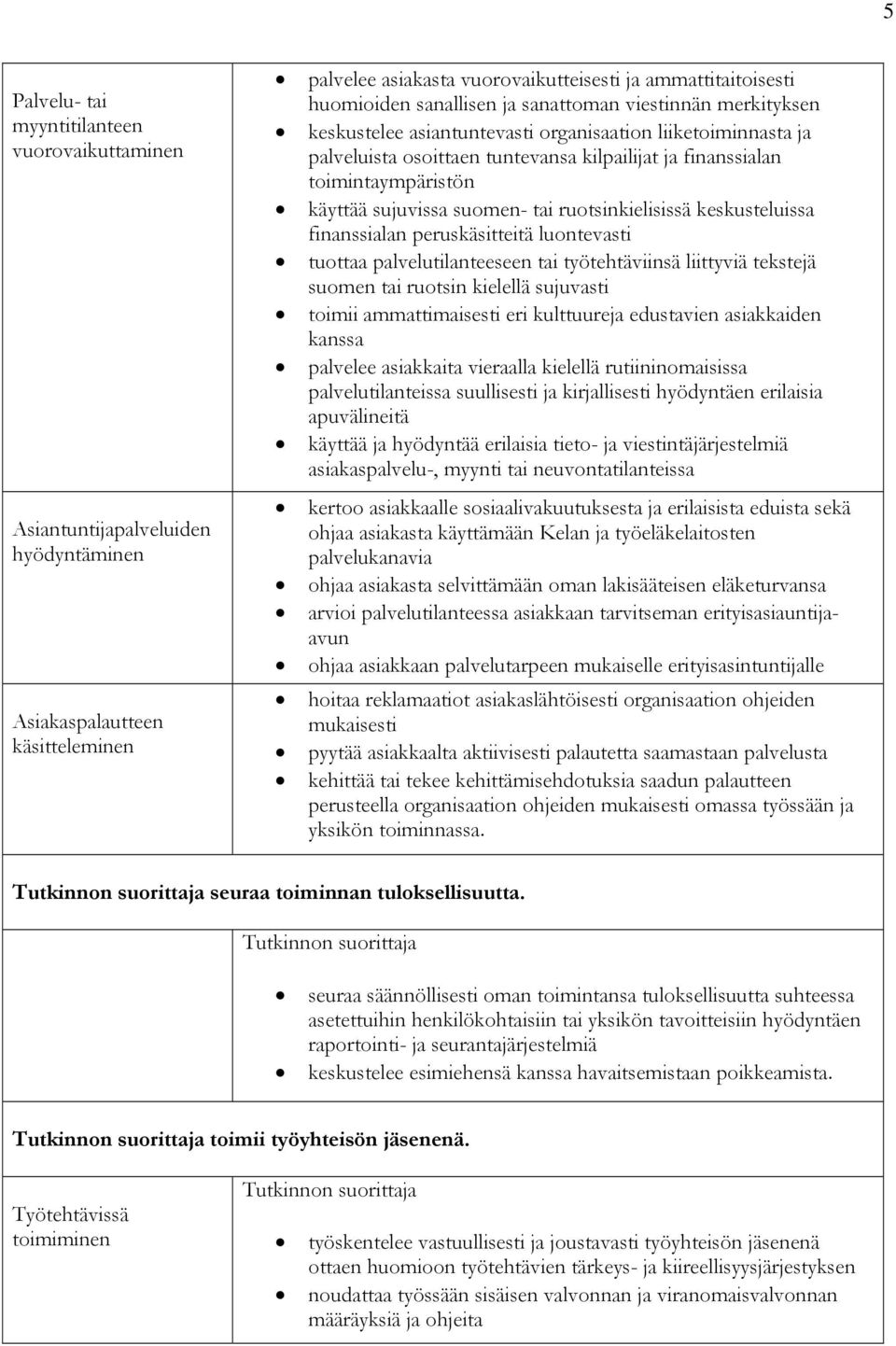 sujuvissa suomen- tai ruotsinkielisissä keskusteluissa finanssialan peruskäsitteitä luontevasti tuottaa palvelutilanteeseen tai työtehtäviinsä liittyviä tekstejä suomen tai ruotsin kielellä sujuvasti