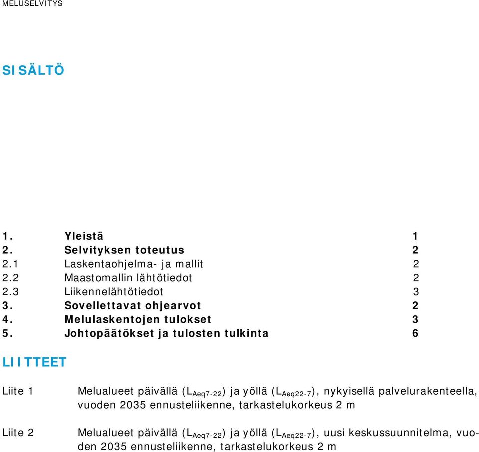 Johtopäätökset ja tulosten tulkinta 6 LIITTEET Liite 1 Liite 2 Melualueet päivällä (L Aeq7-22 ) ja yöllä (L Aeq22-7 ), nykyisellä