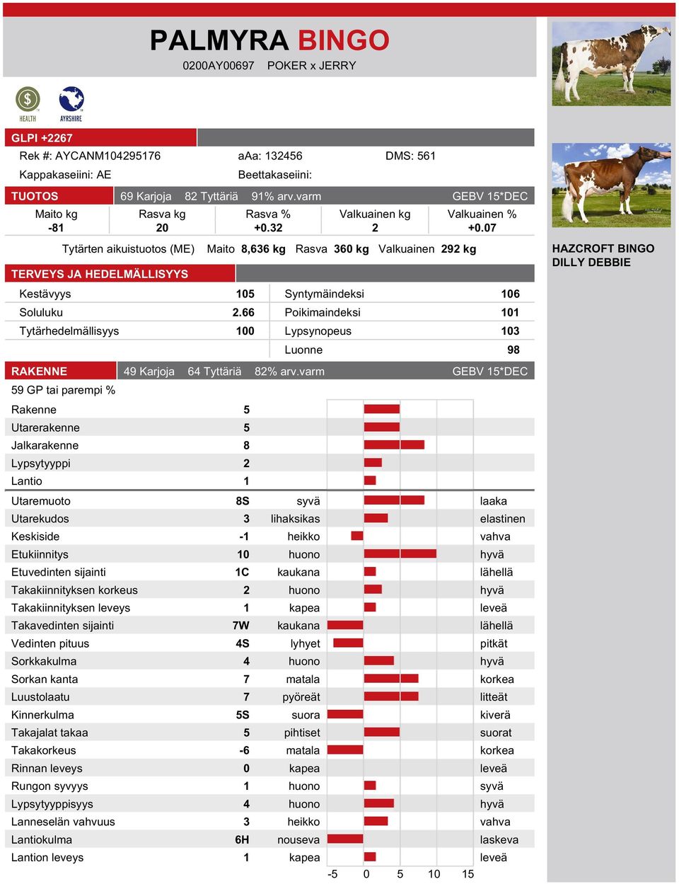 66 Poikimaindeksi 101 Tytärhedelmällisyys 100 Lypsynopeus 103 Luonne 98 HAZCROFT BINGO DILLY DEBBIE RAKENNE 49 Karjoja 64 Tyttäriä 82% arv.