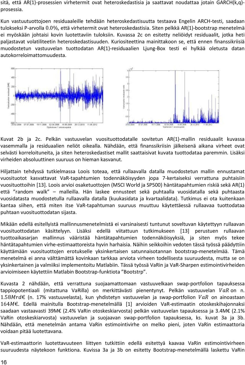 Siten pelkkä AR(1)-bootstrap menetelmä ei myöskään johtaisi kovin luotettaviin tuloksiin. Kuvassa 2c on esitetty neliöidyt residuaalit, jotka heti paljastavat volatiliteetin heteroskedastisuuden.