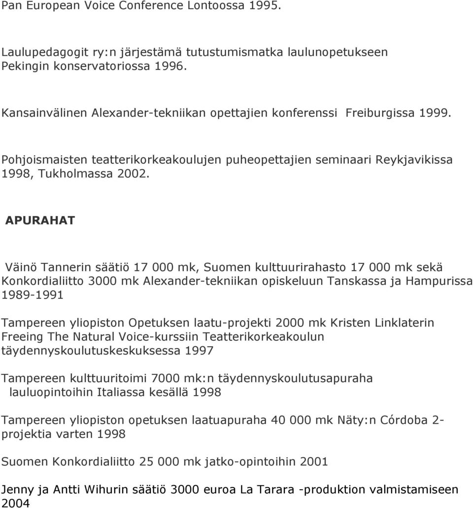 APURAHAT Väinö Tannerin säätiö 17 000 mk, Suomen kulttuurirahasto 17 000 mk sekä Konkordialiitto 3000 mk Alexander-tekniikan opiskeluun Tanskassa ja Hampurissa 1989-1991 Tampereen yliopiston