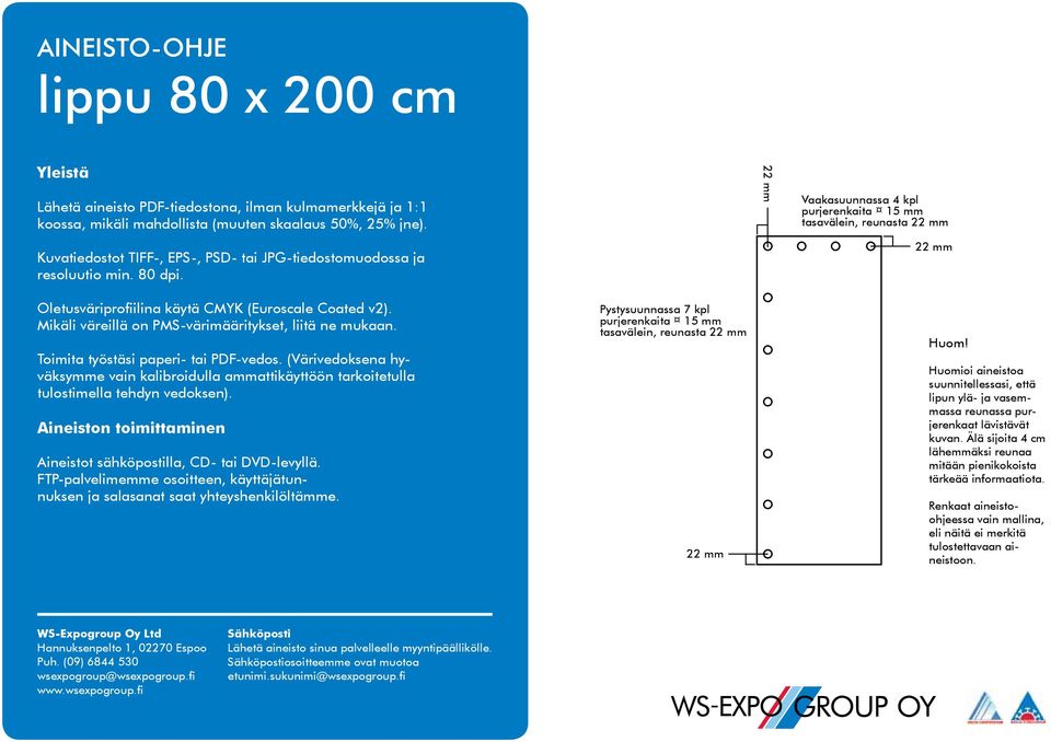 22 mm Vaakasuunnassa 4 kpl purjerenkaita 15 mm tasavälein, reunasta 22 mm 22 mm Toimita työstäsi paperi- tai PDF-vedos.