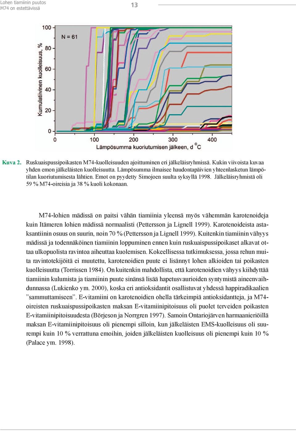 M74-lohien mädissä on paitsi vähän tiamiinia yleensä myös vähemmän karotenoideja kuin Itämeren lohien mädissä normaalisti (Pettersson ja Lignell 1999).