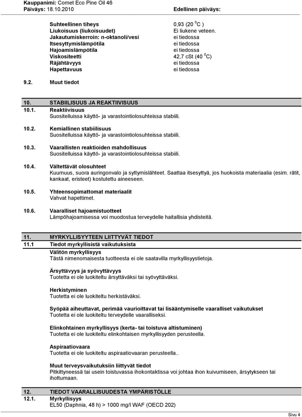 . STABIILISUUS JA REAKTIIVISUUS 10.1. Reaktiivisuus Suositelluissa käyttö ja varastointiolosuhteissa stabiili. 10.2. Kemiallinen stabiilisuus Suositelluissa käyttö ja varastointiolosuhteissa stabiili.