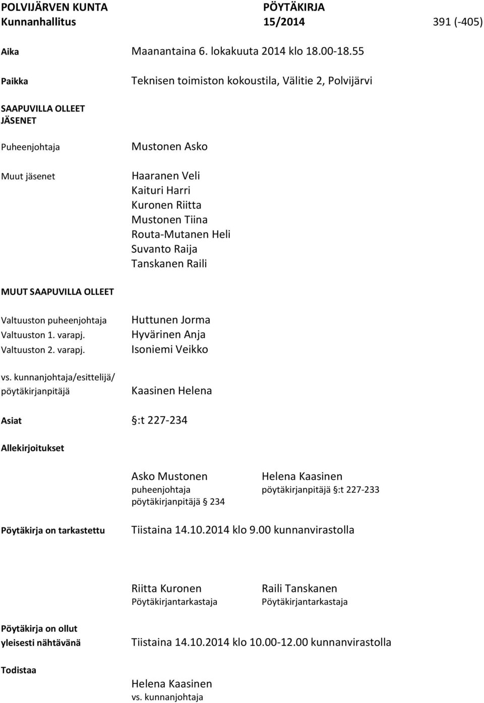 Routa-Mutanen Heli Suvanto Raija Tanskanen Raili MUUT SAAPUVILLA OLLEET Valtuuston puheenjohtaja Valtuuston 1. varapj. Valtuuston 2. varapj. vs.
