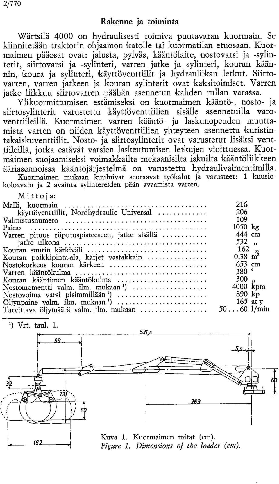 hydrauliikan letkut. Siirtovarren, varren jatkeen ja kouran sylinterit ovat kaksitoimiset. Varren jatke liikkuu siirtovarren päähän asennetun kahden rullan varassa.