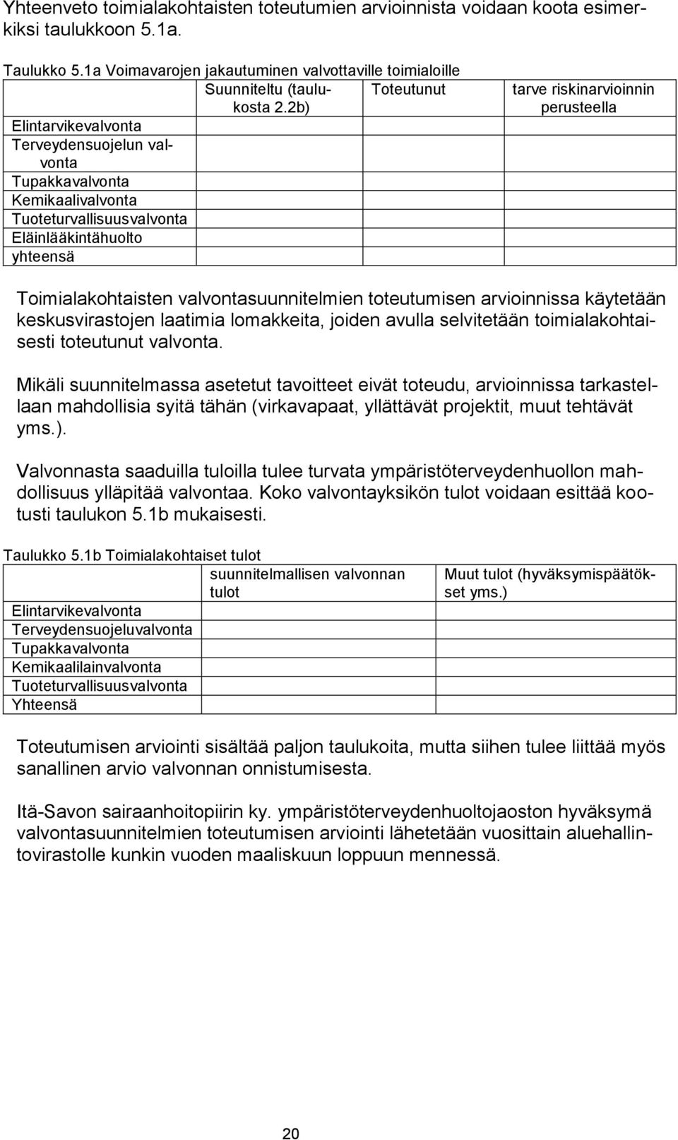 Toimialakohtaisten valvontasuunnitelmien toteutumisen arvioinnissa käytetään keskusvirastojen laatimia lomakkeita, joiden avulla selvitetään toimialakohtaisesti toteutunut valvonta.