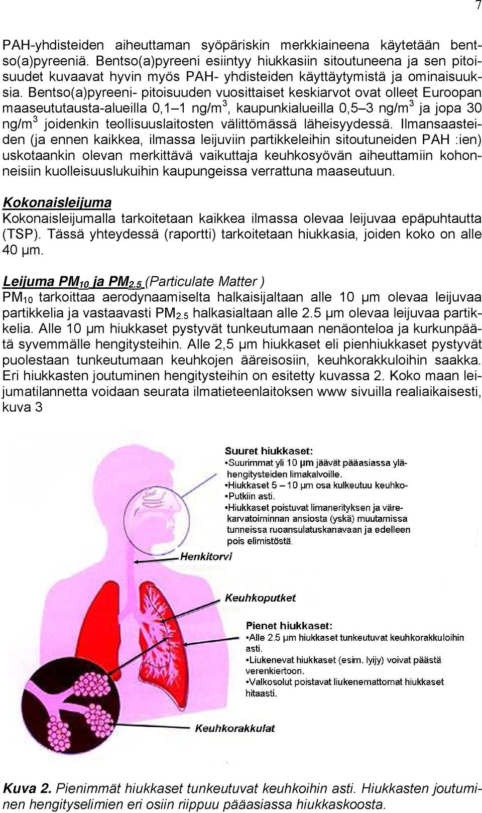 Bentso(a)pyreeni- pitoisuuden vuosittaiset keskiarvot ovat olleet Euroopan maaseututausta-alueilla 0,1 1 ng/m 3, kaupunkialueilla 0,5 3 ng/m 3 ja jopa 30 ng/m 3 joidenkin teollisuuslaitosten