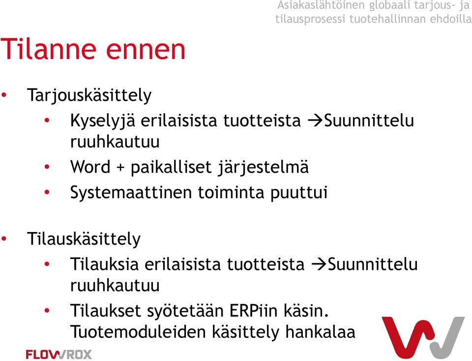 Systemaattinen toiminta puuttui Tilauskäsittely Tilauksia erilaisista tuotteista