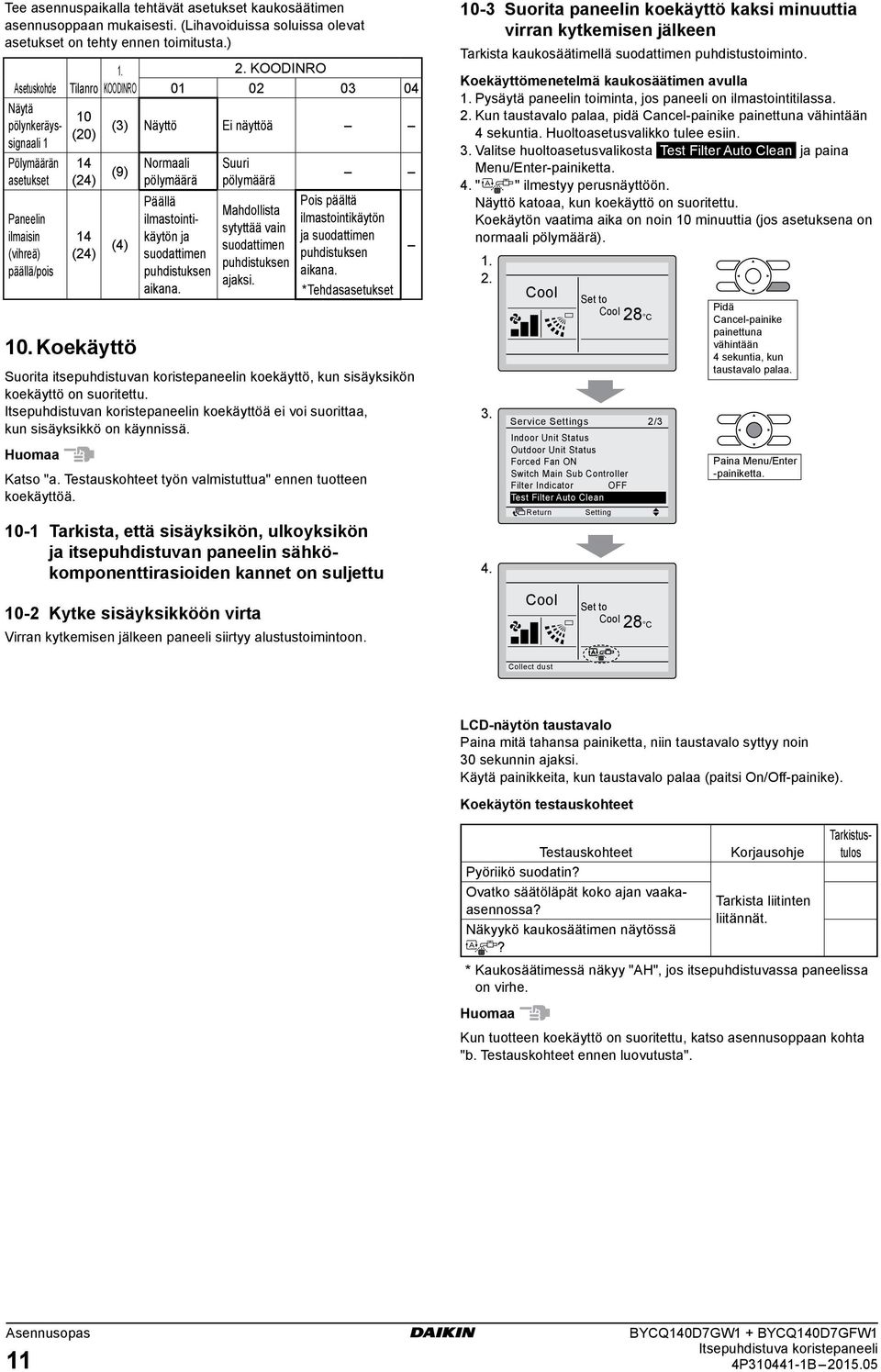 Asetuskohde Tilanro KOODINRO 0 Näytä 0 pölynkeräys () Näyttö (0) signaali Pölymäärän Normaali (9) asetukset () pölymäärä n ilmaisin (vihreä) päällä/pois () () Päällä ilmastointi käytön ja suodattimen