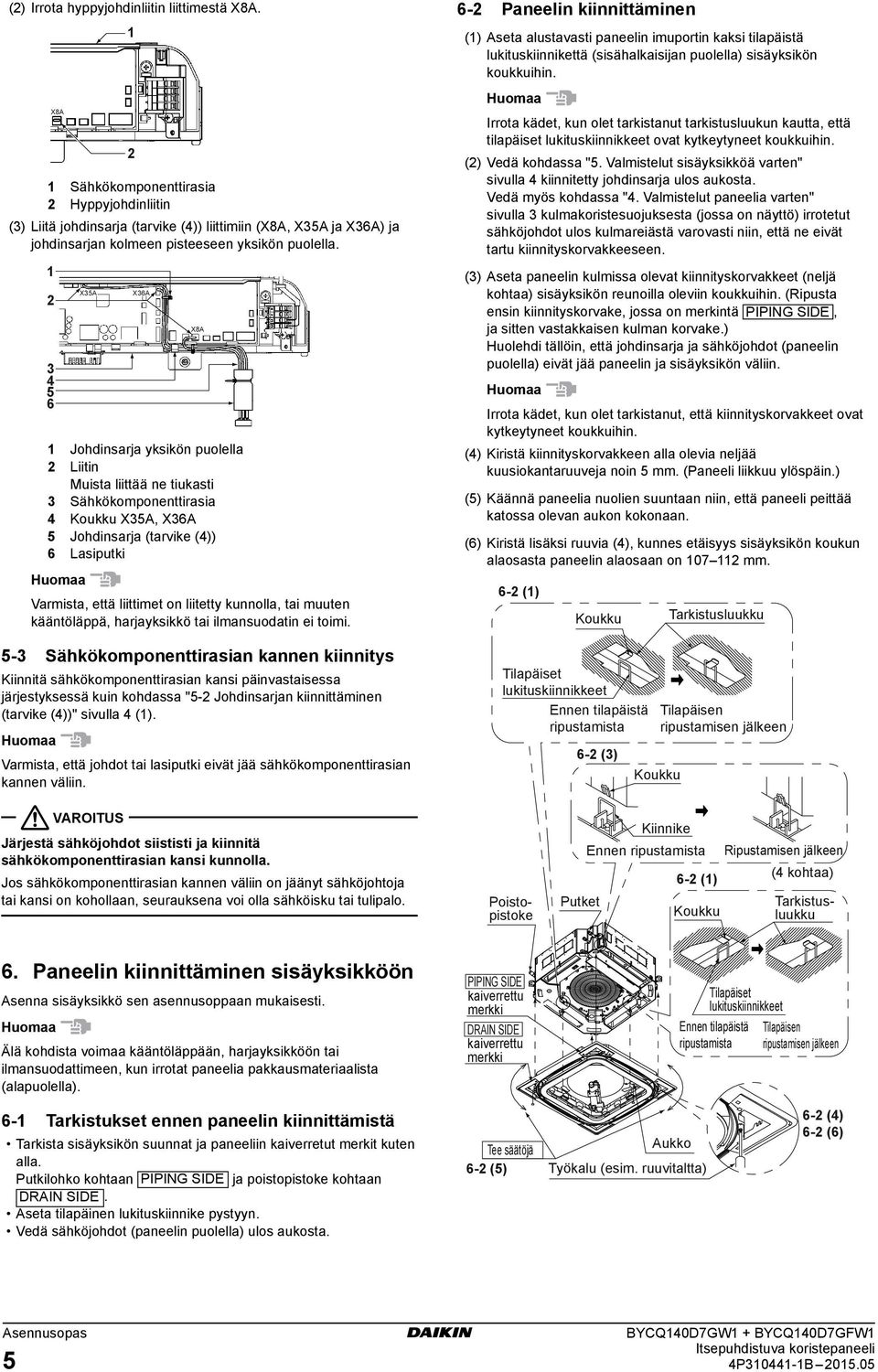 Sähkökomponenttirasia Hyppyjohdinliitin () Liitä johdinsarja (tarvike ()) liittimiin (X8A, X5A ja X6A) ja johdinsarjan kolmeen pisteeseen yksikön puolella.