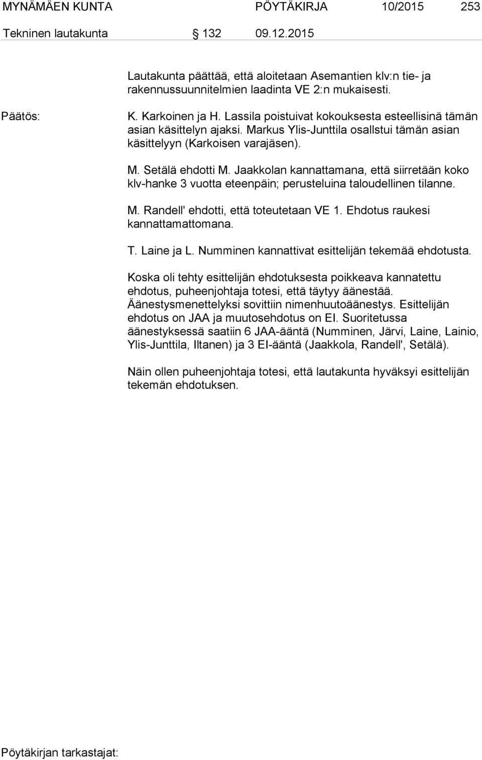 Jaakkolan kannattamana, että siirretään koko klv-hanke 3 vuotta eteenpäin; perusteluina taloudellinen tilanne. M. Randell' ehdotti, että toteutetaan VE 1. raukesi kannattamattomana. T. Laine ja L.