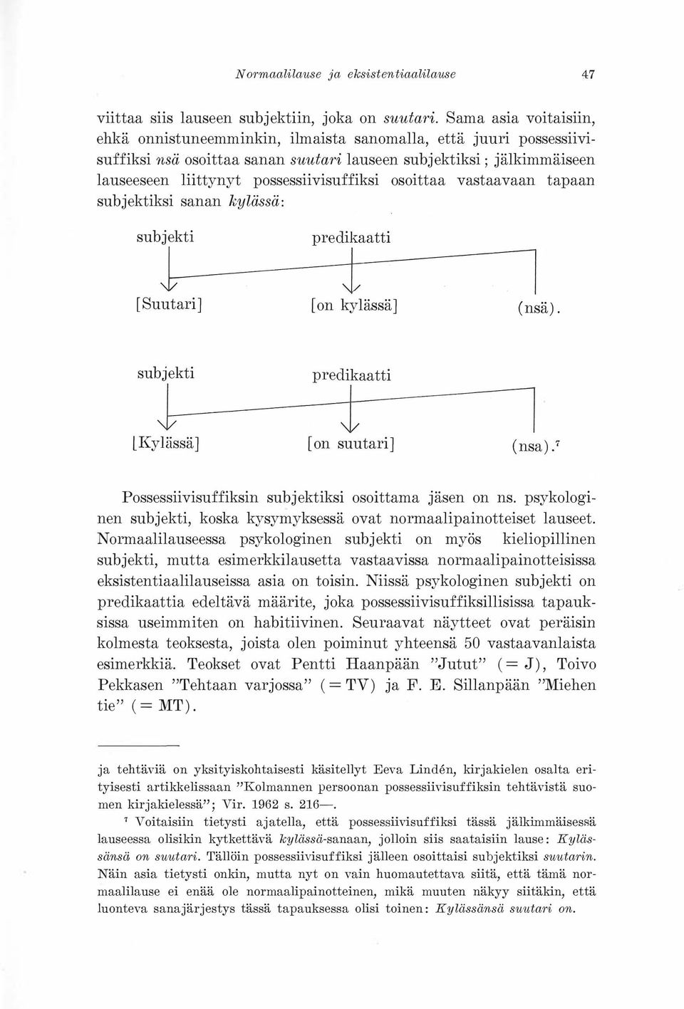 osoittaa vastaavaan tapaan subjektiksi sanan kylässä: subjekti predikaatti ± l [Suutari] [on kylässä] (nsä). subjekti predikaatti ± l lkylässä] [on suutari] (nsa).
