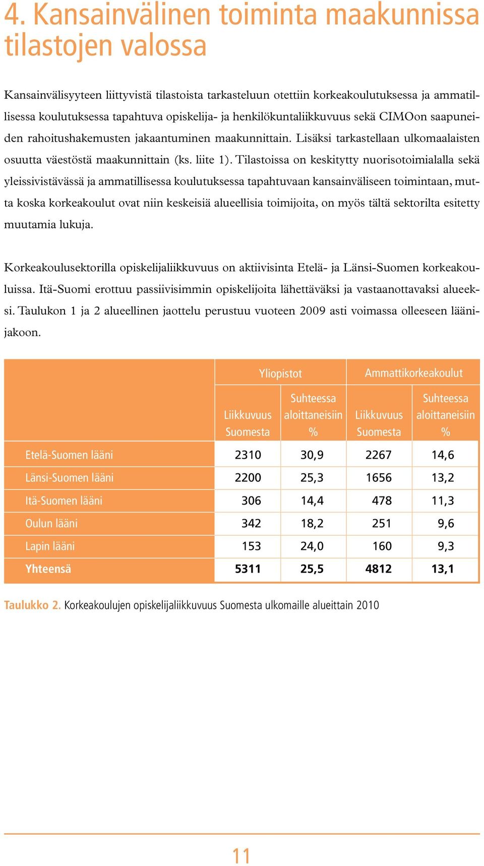 Tilastoissa on keskitytty nuorisotoimialalla sekä yleissivistävässä ja ammatillisessa koulutuksessa tapahtuvaan kansainväliseen toimintaan, mutta koska korkeakoulut ovat niin keskeisiä alueellisia