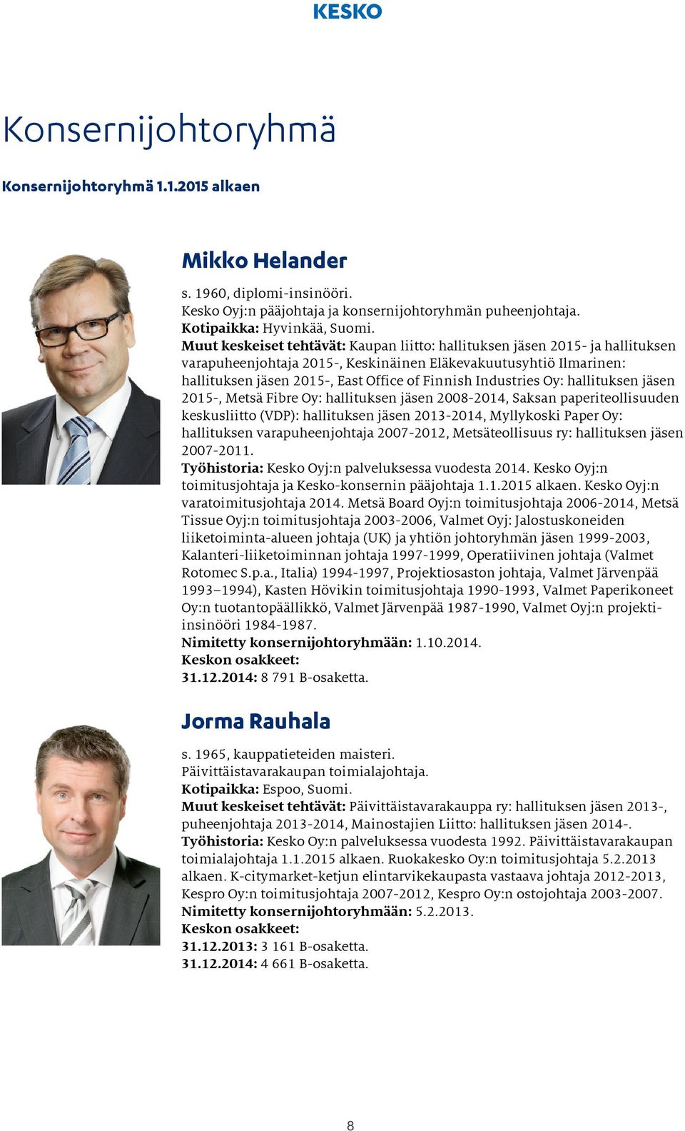 Industries Oy: hallituksen jäsen 2015-, Metsä Fibre Oy: hallituksen jäsen 2008-2014, Saksan paperiteollisuuden keskusliitto (VDP): hallituksen jäsen 2013-2014, Myllykoski Paper Oy: hallituksen