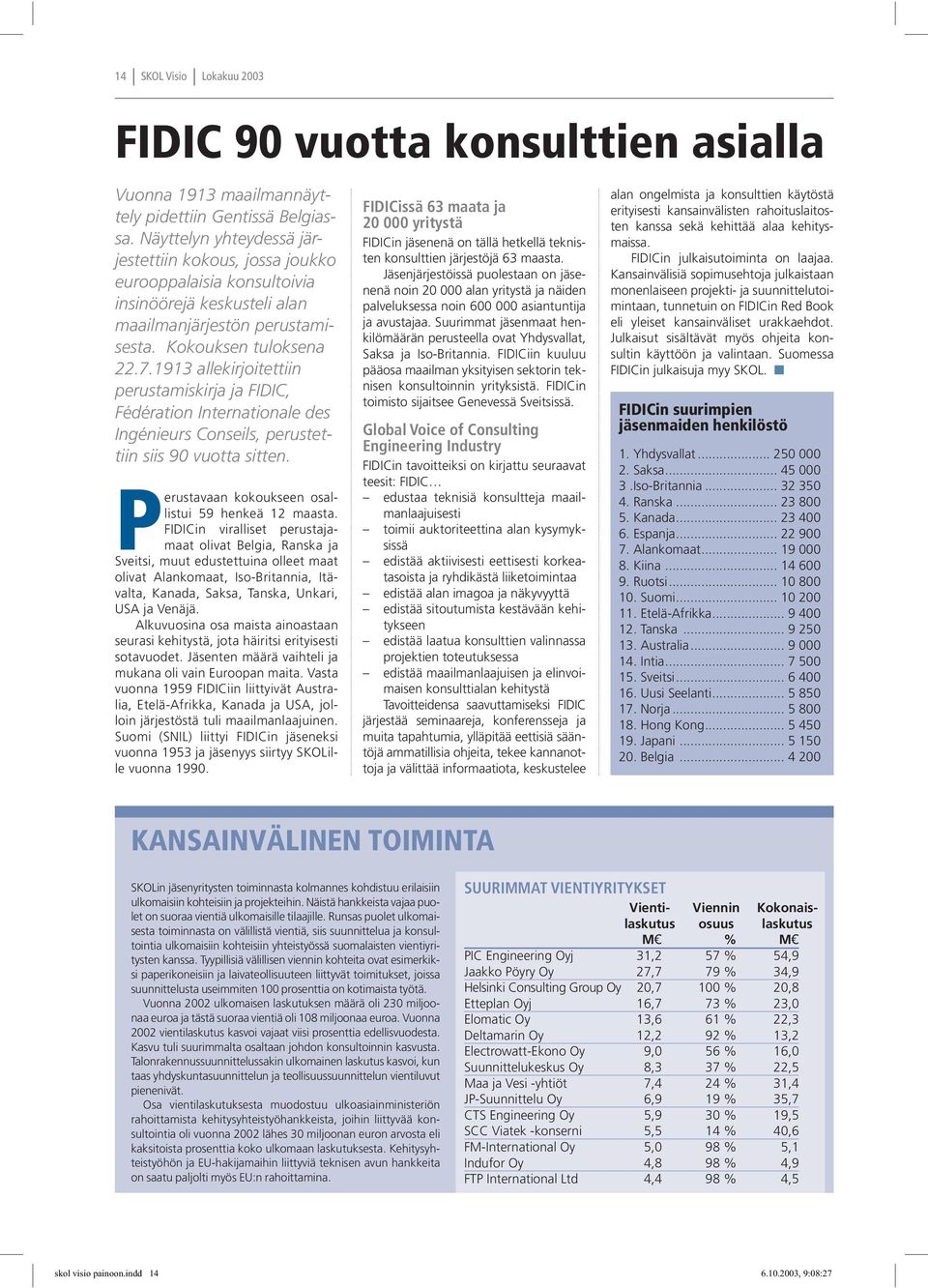 1913 allekirjoitettiin perustamiskirja ja FIDIC, Fédération Internationale des Ingénieurs Conseils, perustettiin siis 90 vuotta sitten. Perustavaan kokoukseen osallistui 59 henkeä 12 maasta.