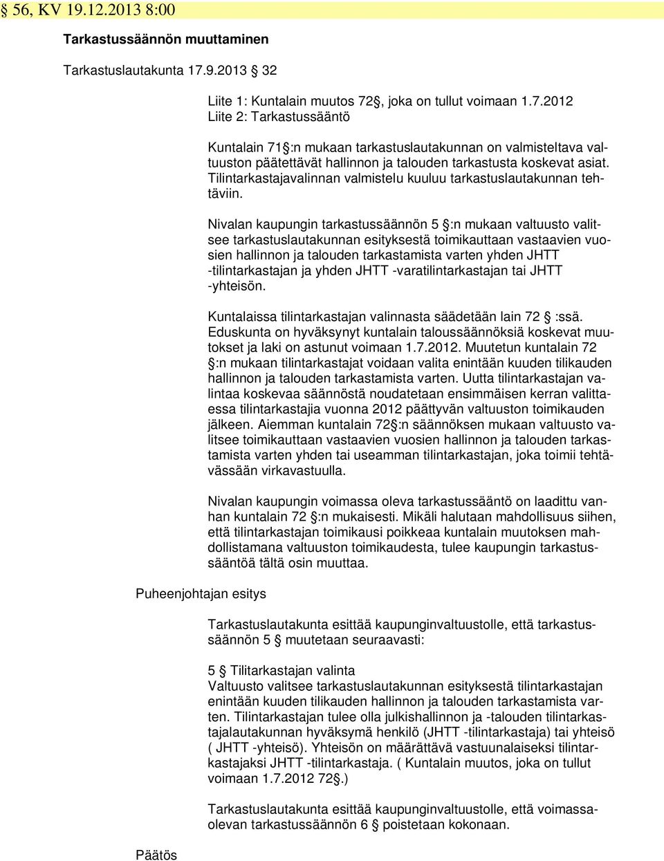 , joka on tullut voimaan 1.7.2012 Liite 2: Tarkastussääntö Kuntalain 71 :n mukaan tarkastuslautakunnan on valmisteltava valtuuston päätettävät hallinnon ja talouden tarkastusta koskevat asiat.