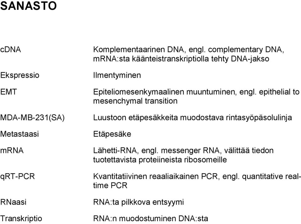 epithelial to mesenchymal transition Luustoon etäpesäkkeita muodostava rintasyöpäsolulinja Etäpesäke Lähetti-RNA, engl.