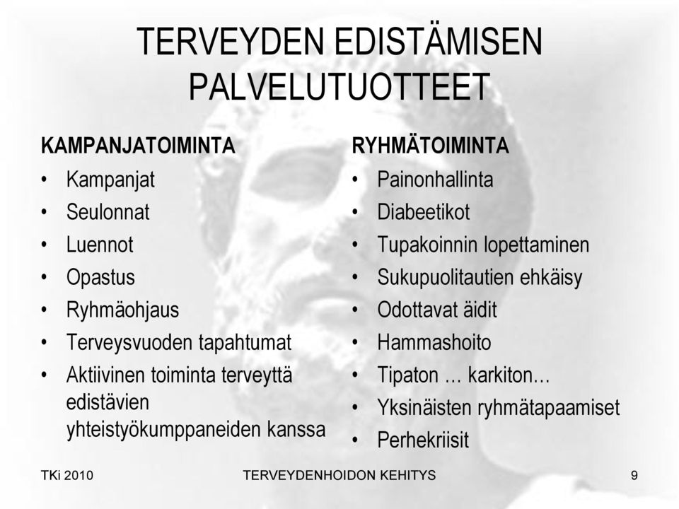 RYHMÄTOIMINTA Painonhallinta Diabeetikot Tupakoinnin lopettaminen Sukupuolitautien ehkäisy Odottavat