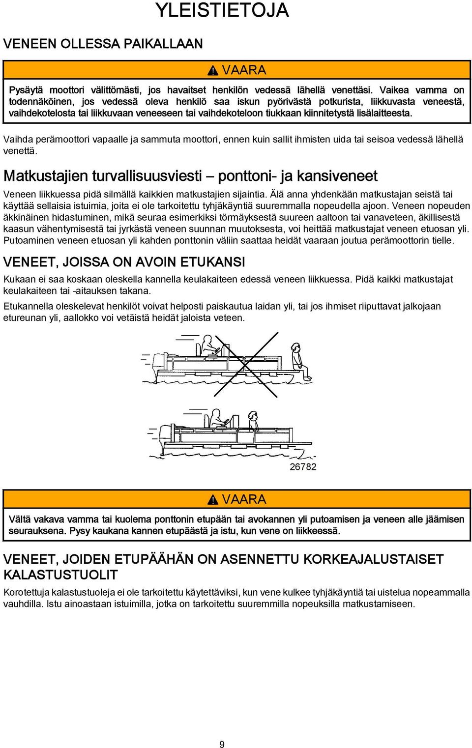 lisälaitteesta. Vaihda perämoottori vapaalle ja sammuta moottori, ennen kuin sallit ihmisten uida tai seisoa vedessä lähellä venettä.