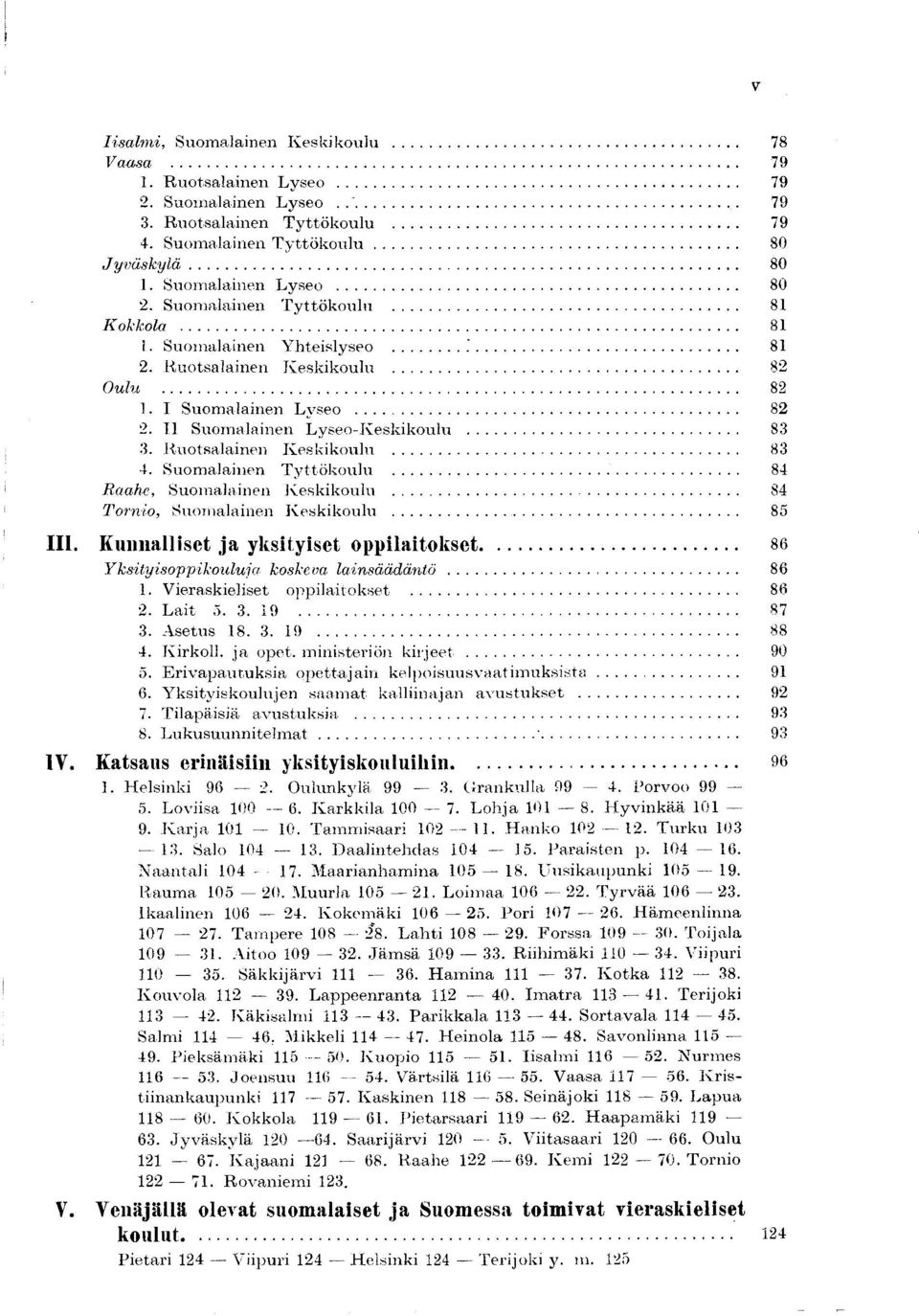 Tl Suomalainen Lyseo-K eskikoulu... 83 3. Ruotsalainen Keskikoulu... 83 4. Suomalainen Tyttökoulu... 84 Raahe, Suomalainen Keskikoulu... 84 Tornio, Suomalainen Keskikoulu... 85 I I I.