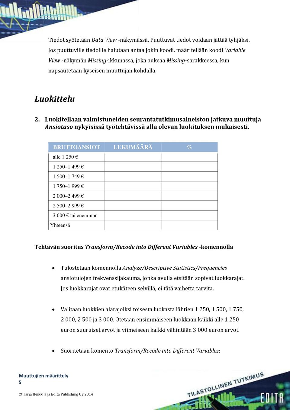 Luokittelu 2. Luokitellaan valmistuneiden seurantatutkimusaineiston jatkuva muuttuja Ansiotaso nykyisissä työtehtävissä alla olevan luokituksen mukaisesti.