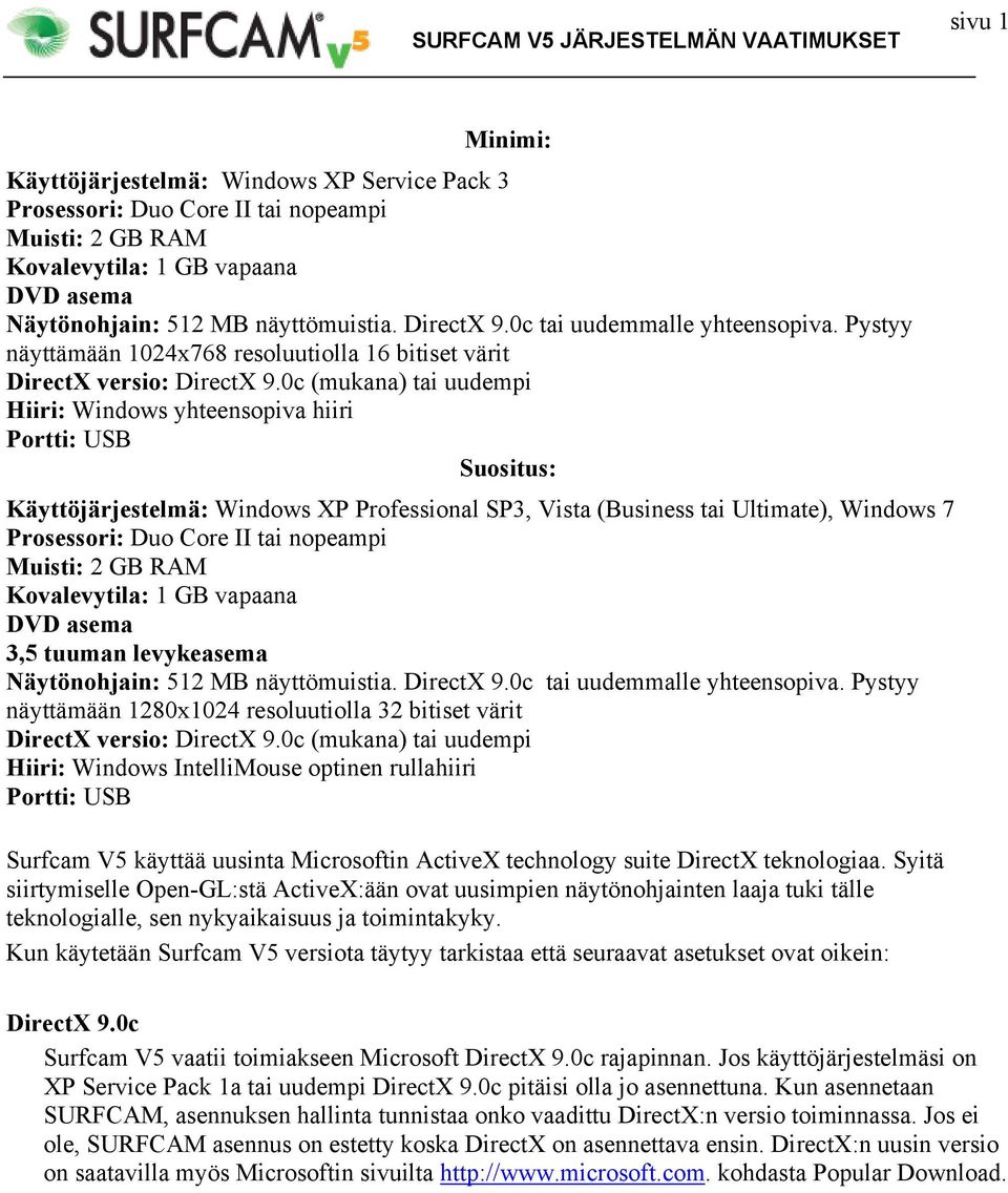 0c (mukana) tai uudempi Hiiri: Windows yhteensopiva hiiri Portti: USB Suositus: Käyttöjärjestelmä: Windows XP Professional SP3, Vista (Business tai Ultimate), Windows 7 Prosessori: Duo Core II tai