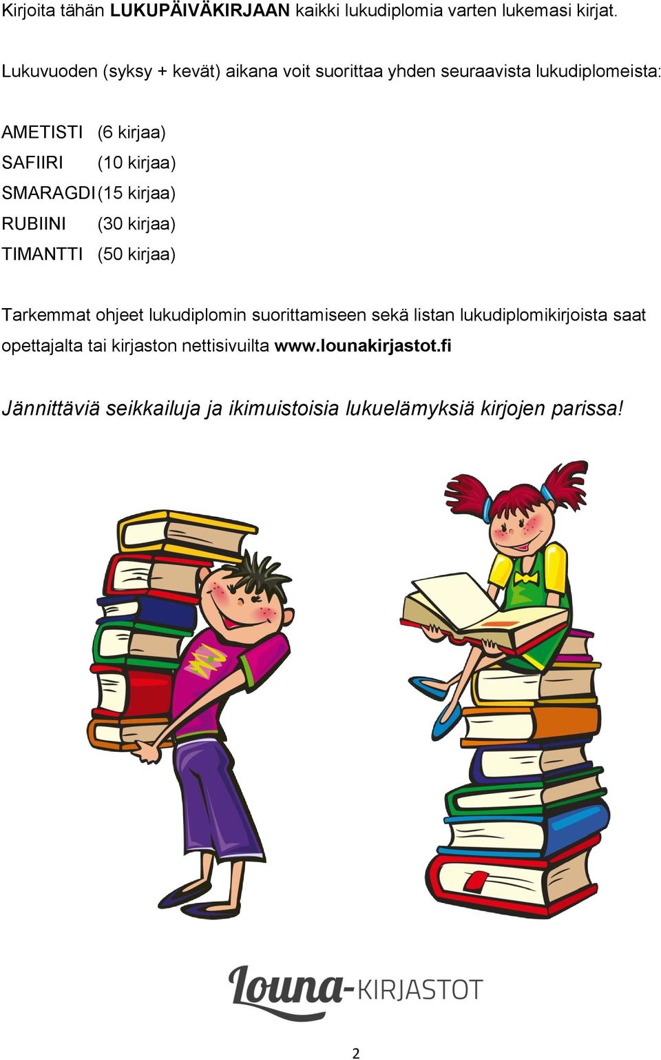 kirjaa) SMARAGDI (15 kirjaa) RUBIINI (30 kirjaa) TIMANTTI (50 kirjaa) Tarkemmat ohjeet lukudiplomin suorittamiseen sekä