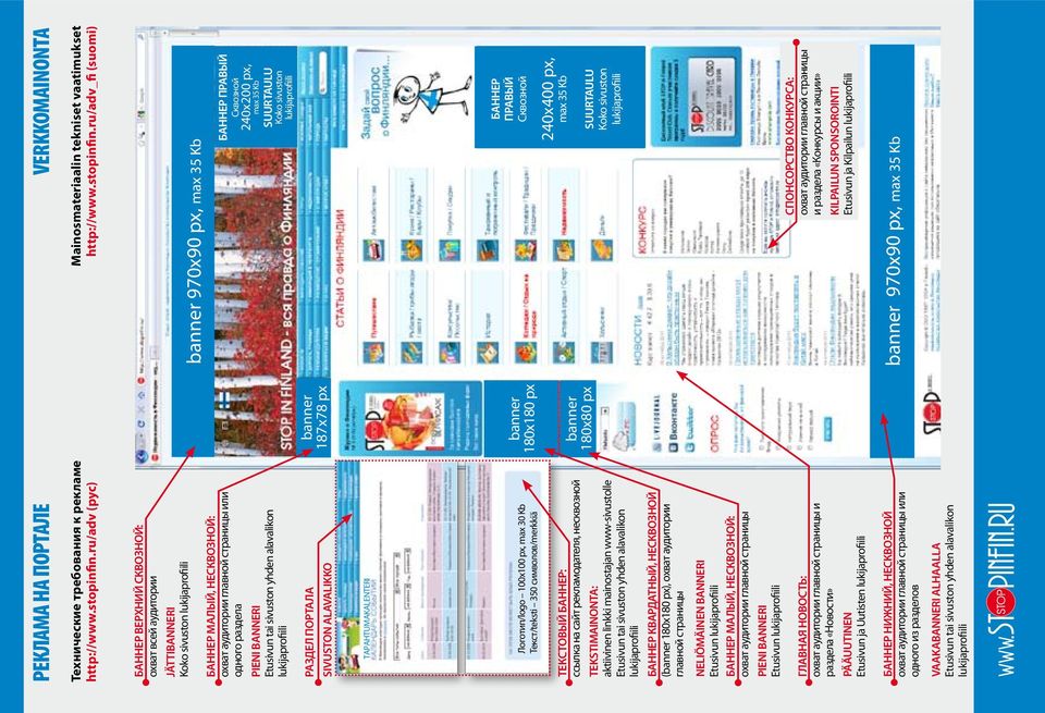 ru/adv_fi (suomi) Баннер Верхний сквозной: охват всей аудитории Jättibanneri Koko sivuston Баннер Малый, несквозной: охват аудитории главной страницы или одного раздела Pieni banneri Etusivun tai